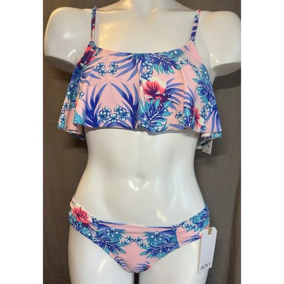 Roxy NWT Pink Hawaiian Flower 2 Piece New Bikini Swimsuit Flutter Top Small - Picture 4 of 16